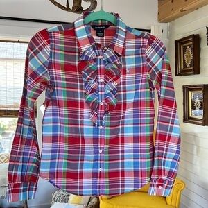 GIRLS pastel plaid ruffled front blouse